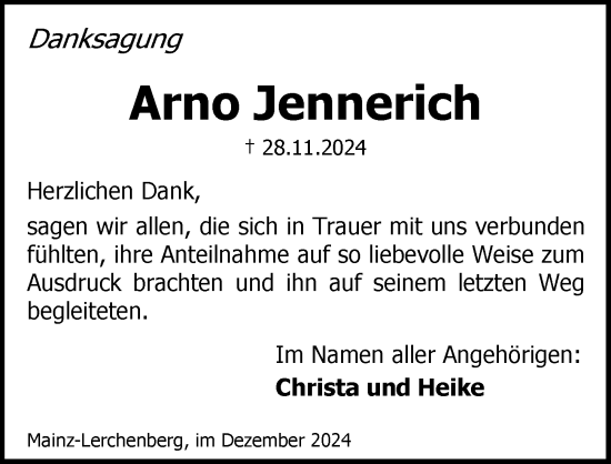 Traueranzeige von Arno Jennerich von Allgemeine Zeitung Mainz