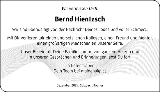 Traueranzeige von Bernd Hientzsch von Hochheimer Zeitung