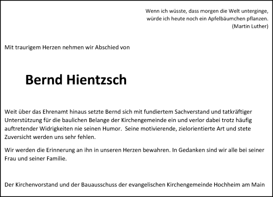 Traueranzeige von Bernd Hientzsch von Hochheimer Zeitung