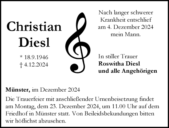 Traueranzeige von Christian Diesl von Weilburger Tageblatt