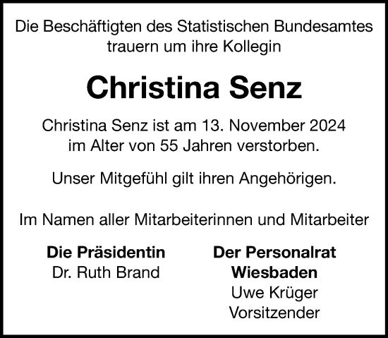 Traueranzeige von Christina Senz von Wiesbadener Kurier