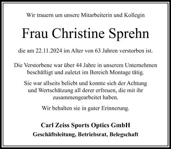 Traueranzeige von Christine Sprehn von Wetzlarer Neue Zeitung