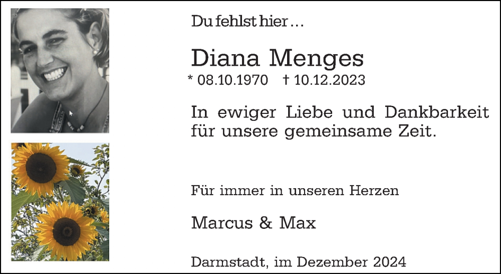  Traueranzeige für Diana Menges vom 14.12.2024 aus Darmstädter Echo