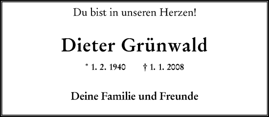 Traueranzeige von Dieter Grünwald von Allgemeine Zeitung Mainz