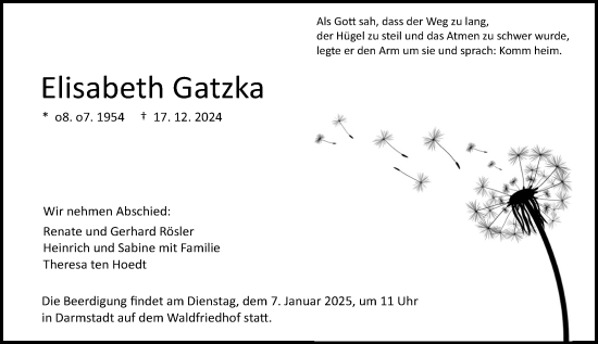 Traueranzeige von Elisabeth Gatzka von Darmstädter Echo