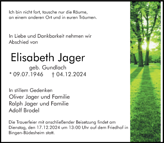 Traueranzeige von Elisabeth Jager von Allgemeine Zeitung Rheinhessen-Nahe