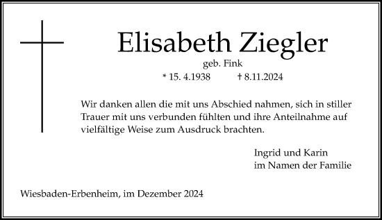 Traueranzeige von Elisabeth Ziegler von Wiesbadener Kurier