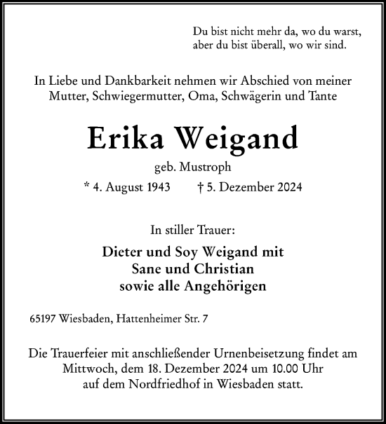 Traueranzeige von Erika Weigand von Wiesbadener Kurier