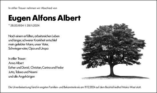 Traueranzeige von Eugen Alfons Albert von Allgemeine Zeitung Mainz