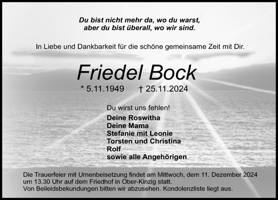 Traueranzeige von Friedel Bock von Odenwälder Echo
