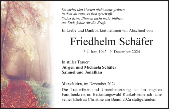 Traueranzeige von Friedhelm Schäfer von Nassauische Neue Presse