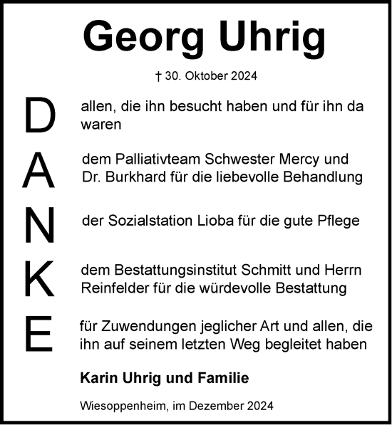 Traueranzeige von Georg Uhrig von Wormser Zeitung