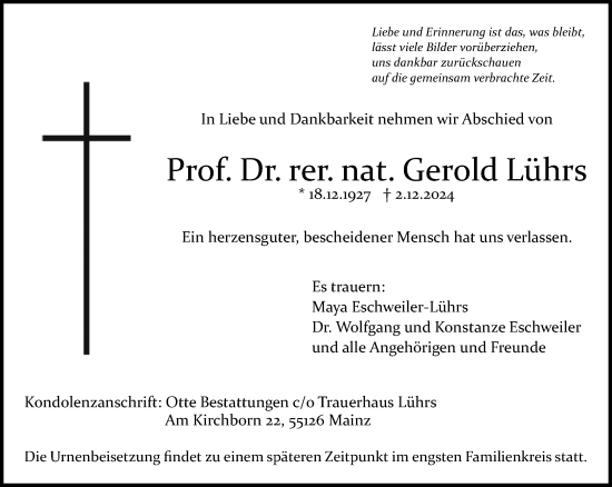 Traueranzeige von Gerold Lührs von Allgemeine Zeitung Mainz