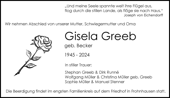 Traueranzeige von Gisela Greeb von Dill Block