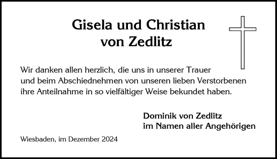 Traueranzeige von Gisela von Zedlitz von Wiesbadener Kurier