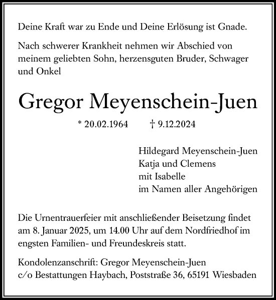 Traueranzeige von Gregor Meyenschein-Juen von Wiesbadener Kurier Traueranzeige von Gregor Meyenschein-Juen von Wiesbadener Kurier