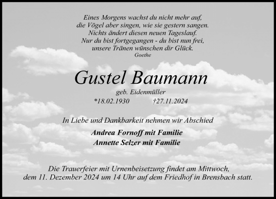 Traueranzeige von Gustel Baumann von Odenwälder Echo