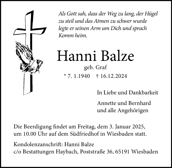 Traueranzeige von Hanni Balze von Hinterländer Anzeiger