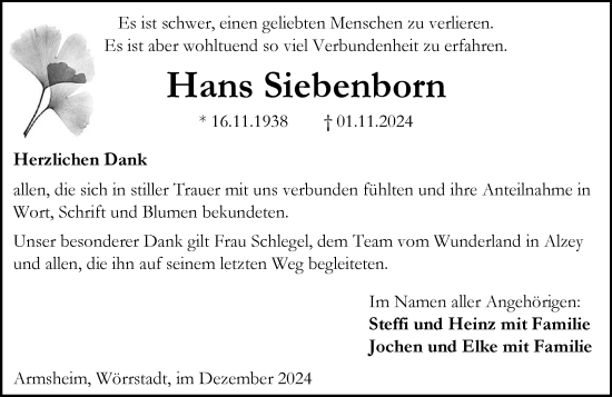 Traueranzeige von Hans Siebenborn von Allgemeine Zeitung Alzey