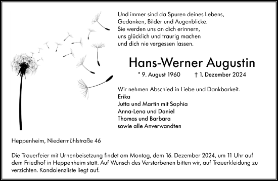 Traueranzeige von Hans-Werner Augustin von Starkenburger Echo