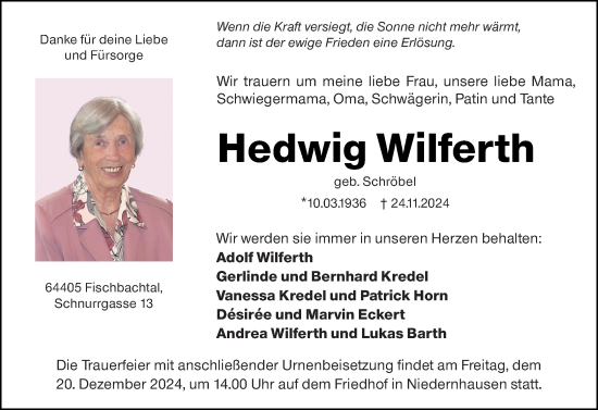 Traueranzeige von Hedwig Wilferth von Darmstädter Echo