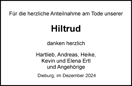 Traueranzeige von Hiltrud Ertl von Dieburger Anzeiger/Groß-Zimmerner Lokal-Anzeiger