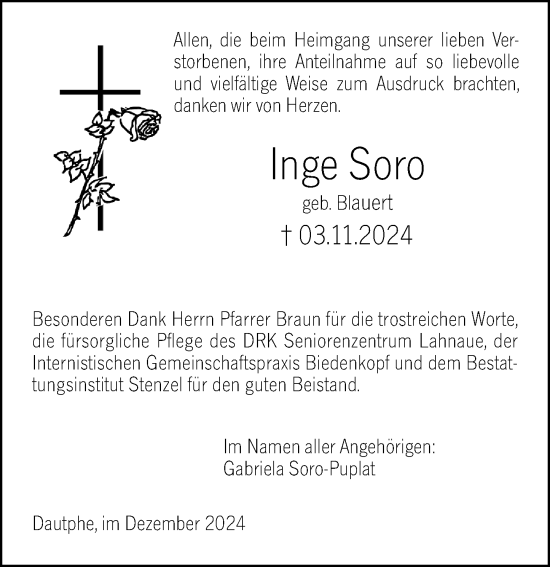 Traueranzeige von Inge Soro von Hinterländer Anzeiger