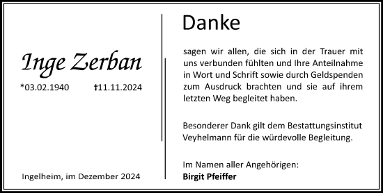 Traueranzeige von Inge Zerban von Allgemeine Zeitung Rheinhessen-Nahe