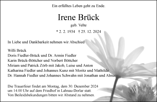 Traueranzeige von Irene Brück von Wetzlarer Neue Zeitung