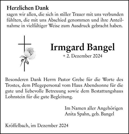 Traueranzeige von Irmgard Bangel von Wetzlarer Neue Zeitung