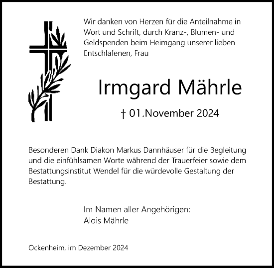 Traueranzeige von Irmgard Mährle von Allgemeine Zeitung Rheinhessen-Nahe