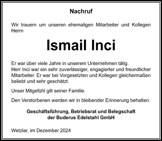 Traueranzeige von Ismail Inci von Wetzlarer Neue Zeitung
