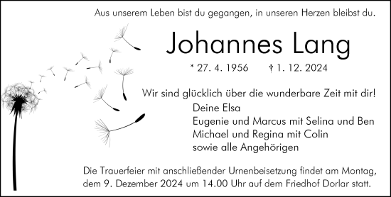 Traueranzeige von Johannes Lang von Wetzlarer Neue Zeitung