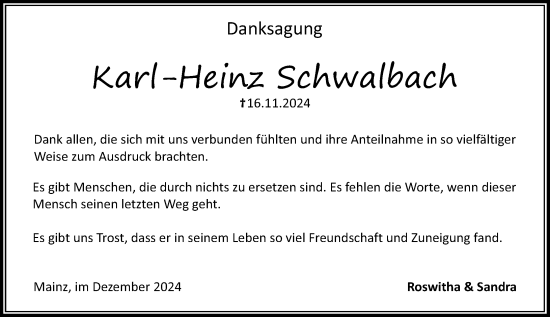 Traueranzeige von Karl-Heinz Schwalbach von Allgemeine Zeitung Mainz