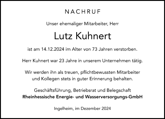 Traueranzeige von Lutz Kuhnert von Allgemeine Zeitung Rheinhessen-Nahe
