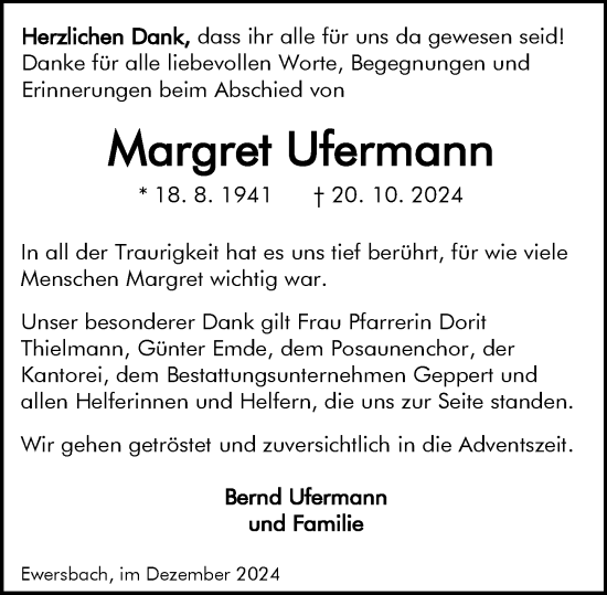 Traueranzeige von Margret Ufermann von Dill Block