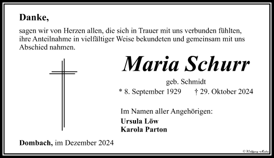 Traueranzeige von Maria Schurr von Camberger Anzeiger