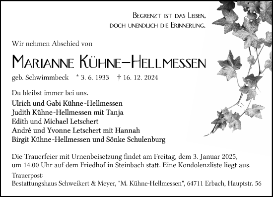 Traueranzeige von Marianne Kühne-Hellmessen von Odenwälder Echo