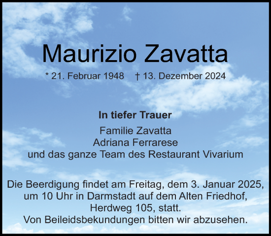 Traueranzeige von Maurizio Zavatta von Darmstädter Echo