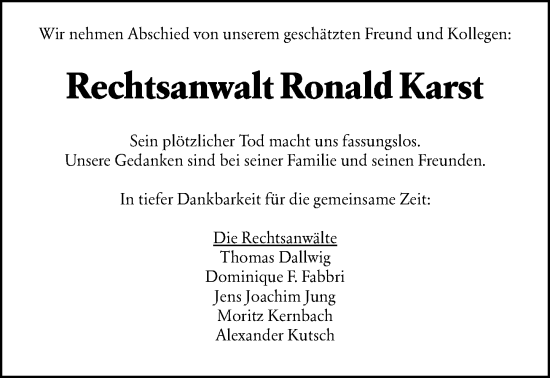 Traueranzeige von Ronald Karst von Wiesbadener Kurier