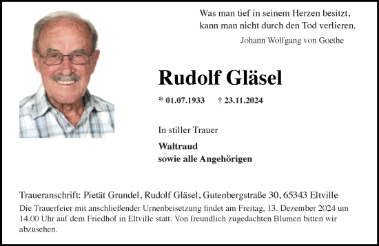 Traueranzeige von Rudolf Gläsel von Wiesbadener Kurier