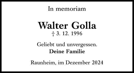 Traueranzeige von Walter Golla von Rüsselsheimer Echo