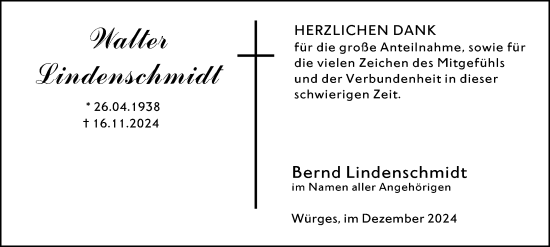 Traueranzeige von Walter Lindenschmidt von Camberger Anzeiger