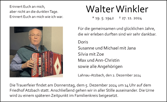Traueranzeige von Walter Winkler von Wetzlarer Neue Zeitung
