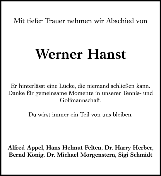 Traueranzeige von Werner Hanst von Allgemeine Zeitung Mainz