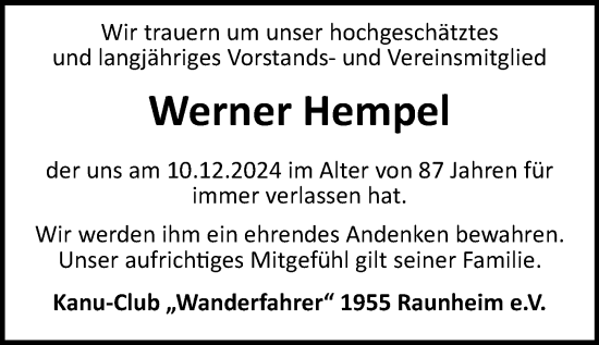 Traueranzeige von Werner Hempel von Rüsselsheimer Echo