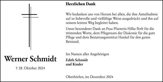 Traueranzeige von Werner Schmidt von Hinterländer Anzeiger