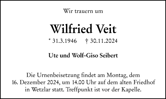 Traueranzeige von Wilfried Veit von Wetzlarer Neue Zeitung