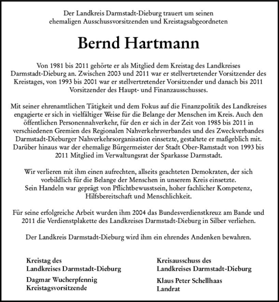 Traueranzeige von Bernd Hartmann von Darmstädter Echo