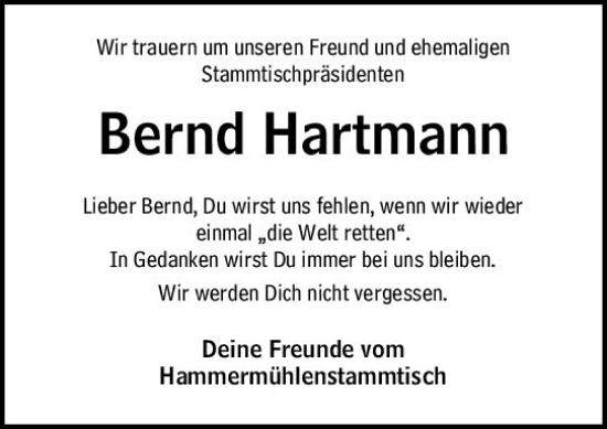 Traueranzeige von Bernd Hartmann von Darmstädter Echo